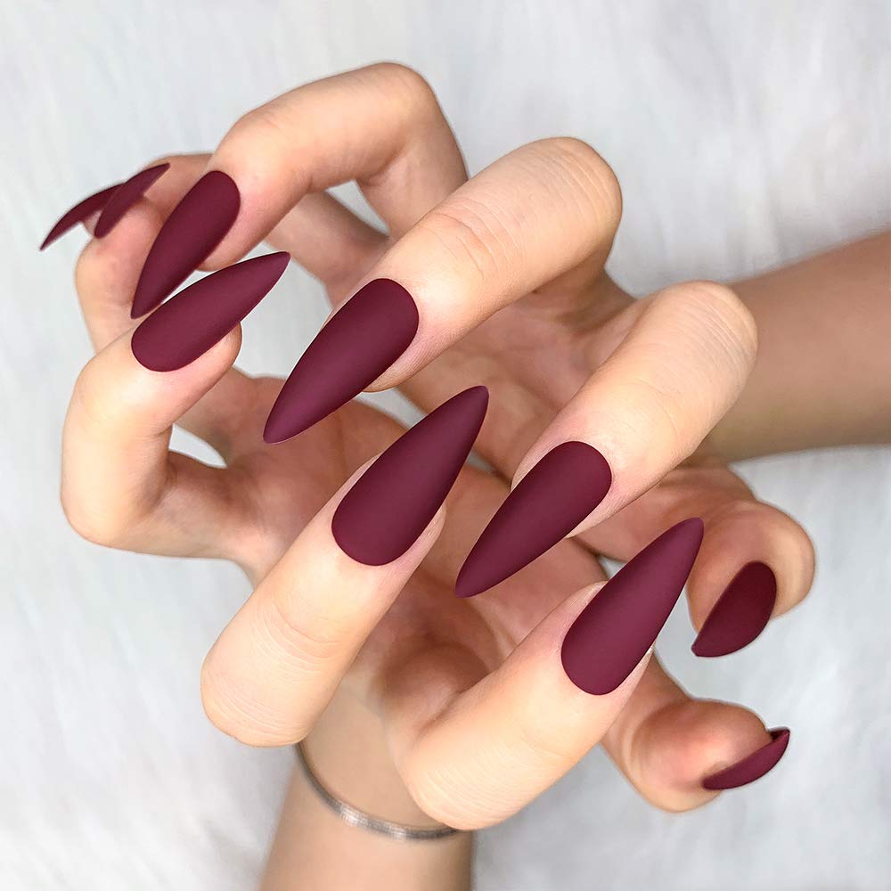 Morily Press-On Nails Bundle | Black Stiletto Matte & Wine Red Stiletto Matte | 24Pcs Each Set, Medium Length Long False Fake Nails