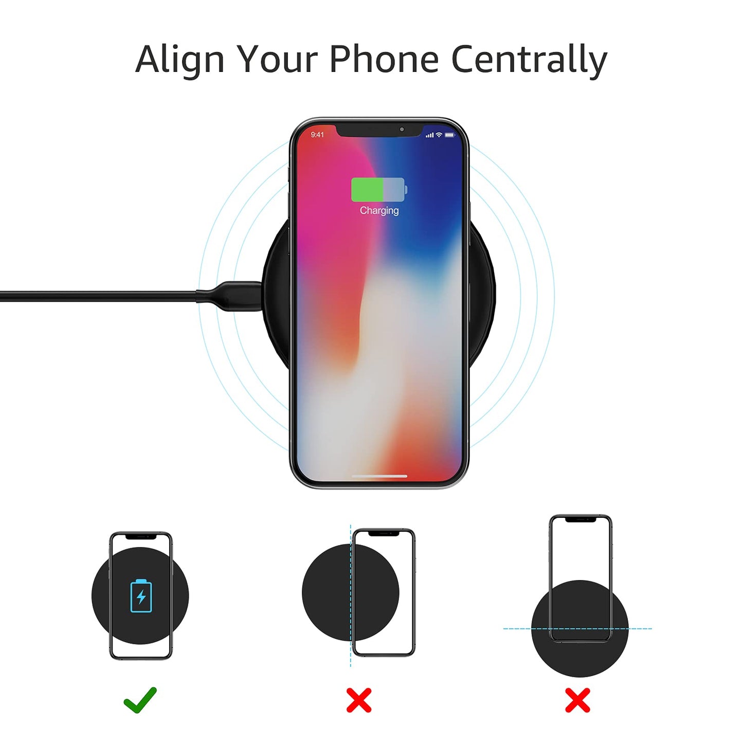 Amazon Basics 15W Qi Certified Fast Wireless Charging Pad with USB Cable for iPhone 15/14/13/12/11/X, Samsung and LG, Case Compatible, Black