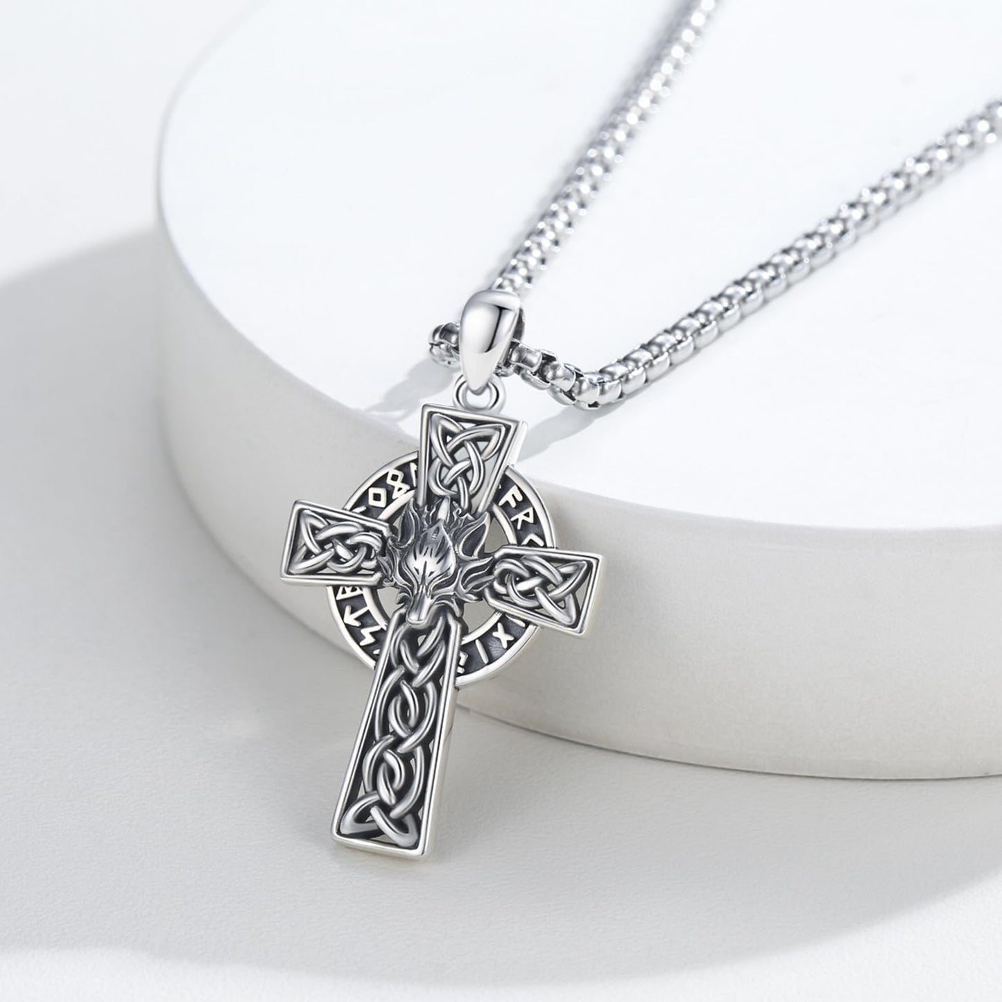 YEESIA Wolf Celtic Cross Necklace, 925 Sterling Silver Norse Gothic Viking Jewelry for Men Women, Unique Valentines Day Gifts for Teens Boyfriend, Adjustable Unisex Accessory