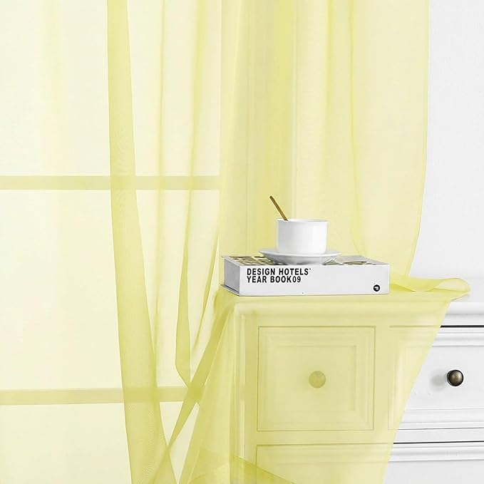 Chyhomenyc Sheer Curtains 72 Inch Length 2 Panels - Light Filtering Soft Airy Rod Pocket Voile Window Curtain Drapes for French Door Bedroom Living Room, 42Wx72L Inch, Light Yellow