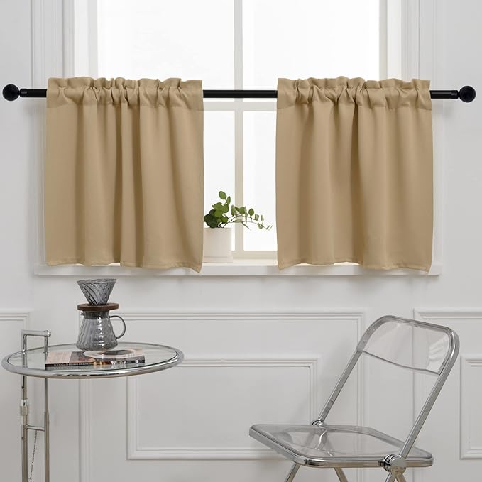 Pickluc Blackout Kitchen Curtain 20 Inches Long, Rod Pocket Cafe Tier Curtains for Small Window Treatment in Living Room, Basement, RVs, Cabinets, 2 Panels, W24 X L20 Inch, Beige