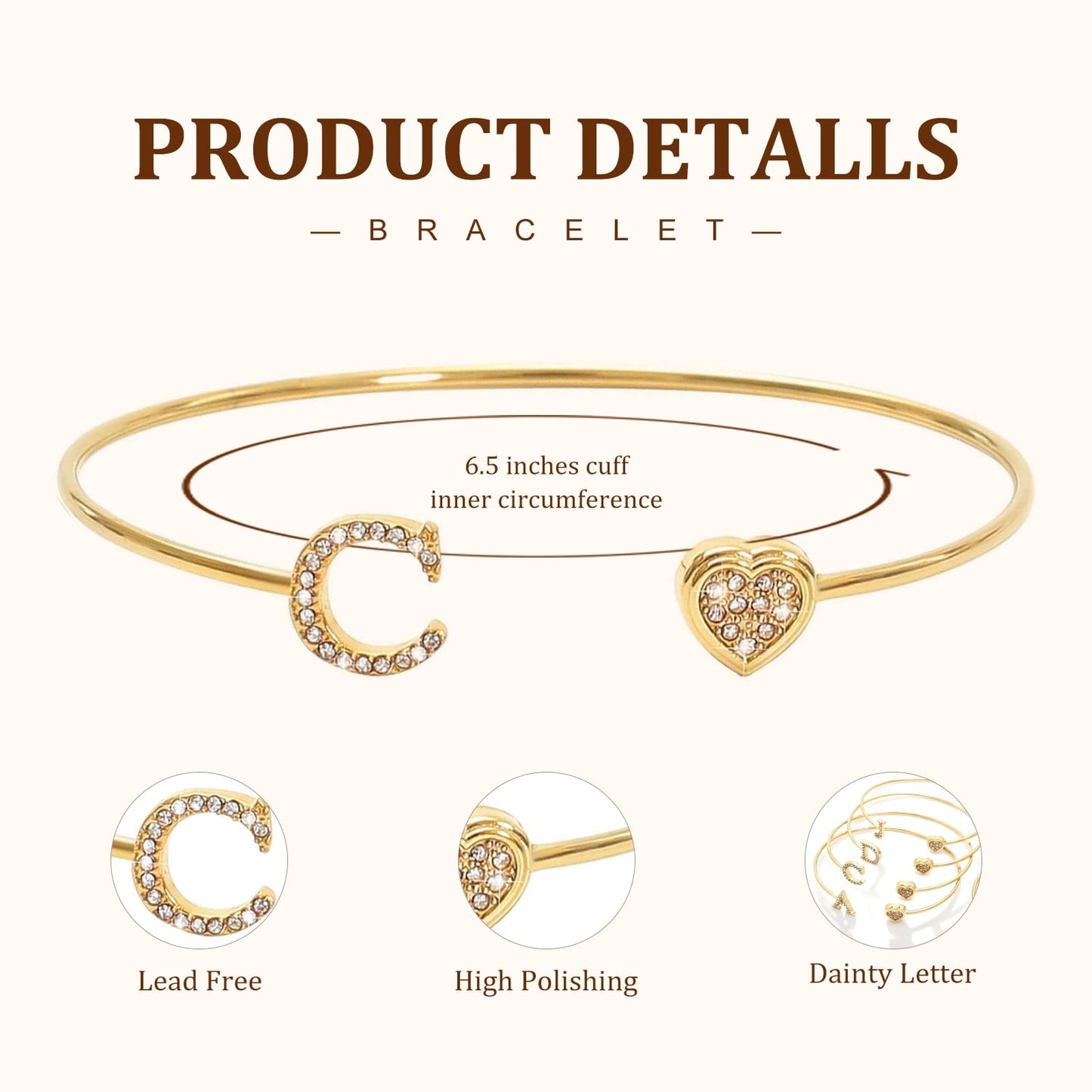 BXDA Trendy Gold Plated Heart Initial C Cuff Bangle Bracelet for Women, Handmade Statement Cubic Zirconia Stackable Open Letter Bracelets Fashion Jewelry Accessories Gift