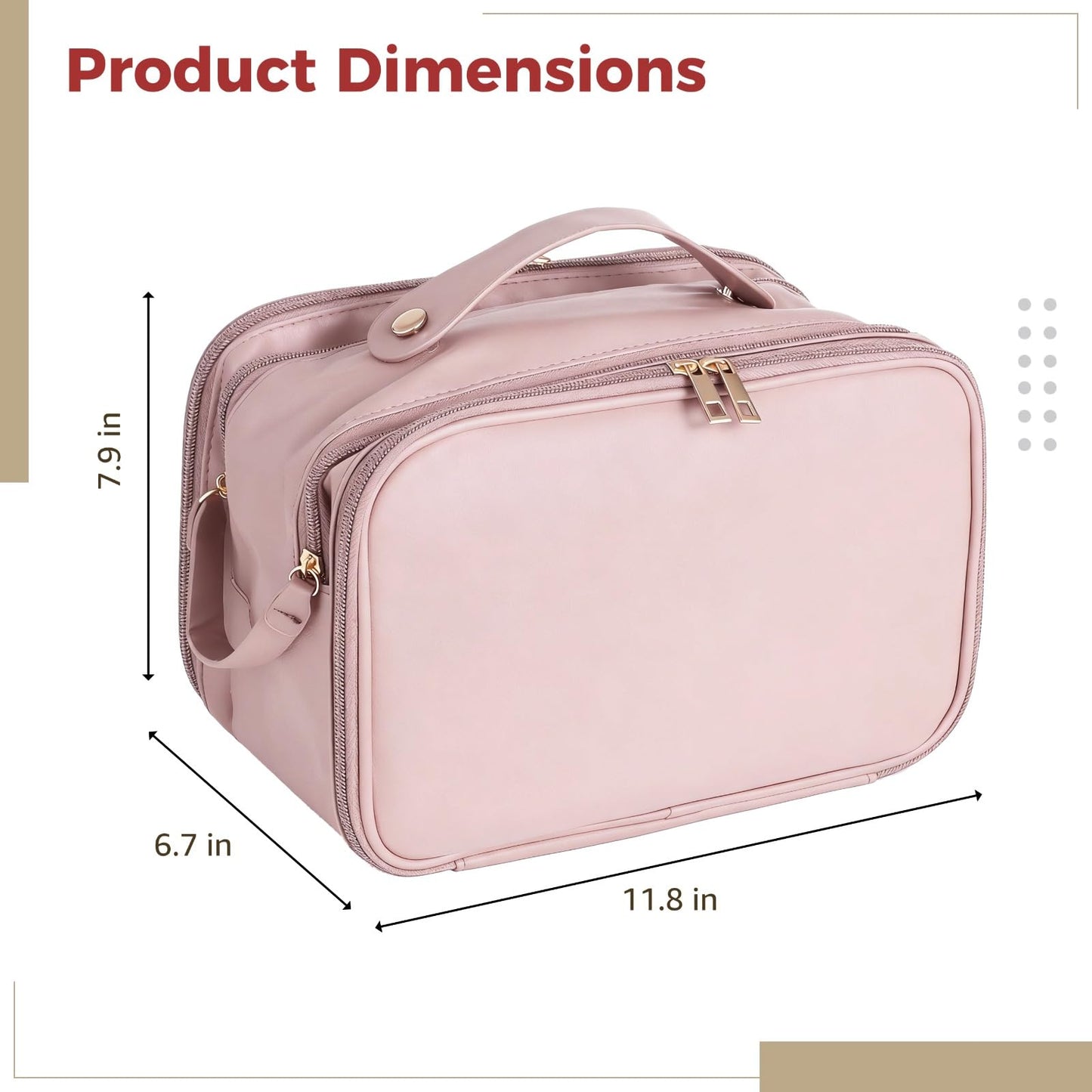 DORMIYA Travel Makeup Bag for Women, Large Capacity Cosmetic Organizer, Multi-Layer Toiletry Bag with Handle, Waterproof PU Leather Portable Makeup Zippered Case with Standing Brush Holder