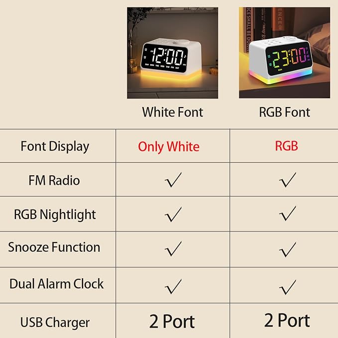 JALL Digital Alarm Clock with FM Radio for Bedroom, 8 Colors Night Light with 2 Charging Port, Sleep Sound Machines with Timer, Dual Alarm, Loud Alarm and Easy to Use for Seniors as Gift