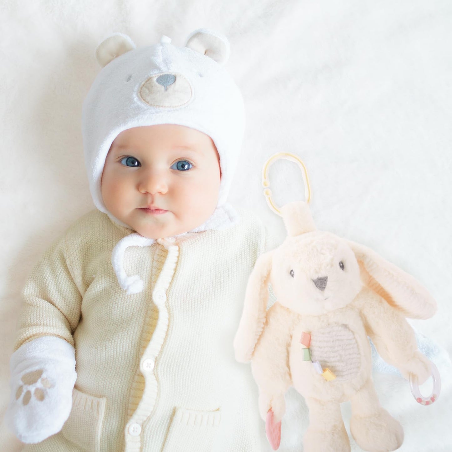 Linzy 10" Beige Bunny Baby Stroller Toy with TEETHERS and Rattle