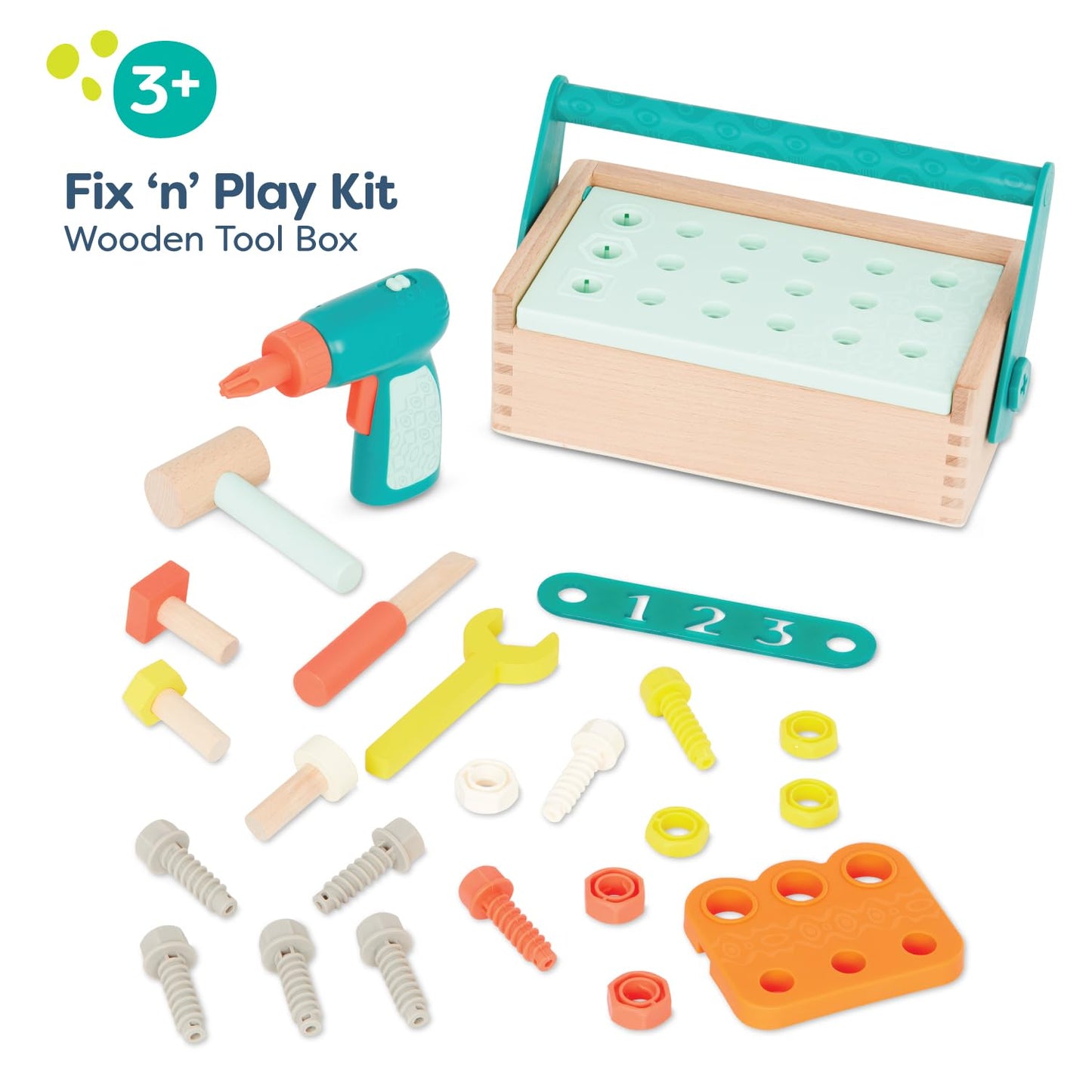 B. toys – Fix ‘n’ Play Kit – Pretend Play Tool Box – Wooden Toolbox & Accessories (25 Pieces) – Carpenter Set for Kids – Play Set with Drill, Hammer, Screwdriver & More – 3+ Years