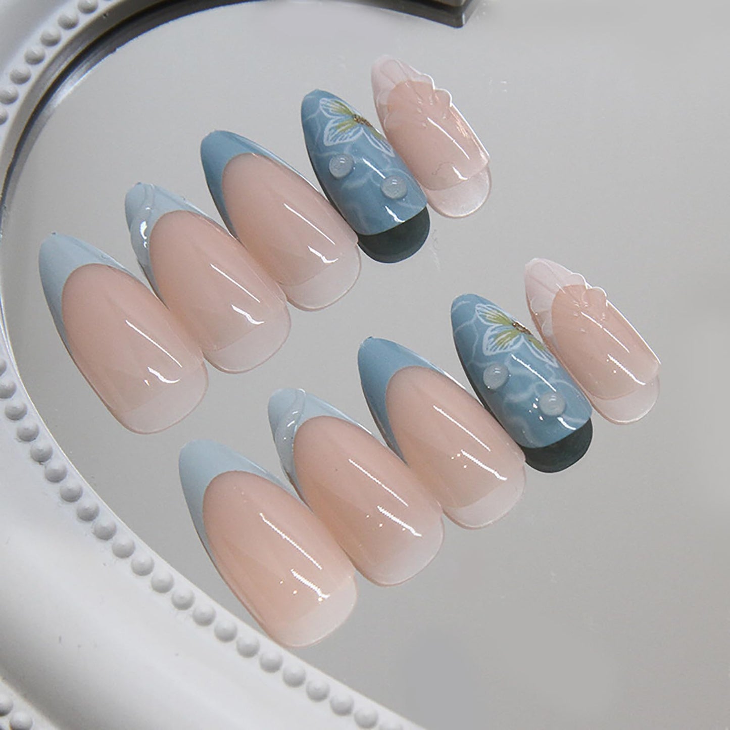 24 Pcs Blue Almond Press on Nails Medium Length Fake Nails 3D Flower and Water Ripple Design Artificial Acrylic Nails Press ons Cute French Tip False Nails Summer Glue-Free Nails for Women