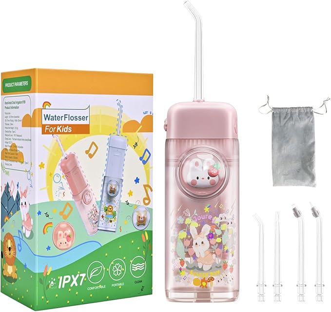 Kids Water Flosser,3 Modes Cordless Portable Water Teeth Cleaner,4 Replaceable Nozzles,IPX7 Waterproof Oral Irrigator Rechargeable,Professional Flossing Cleaning Picks for Home Travel (Pink)