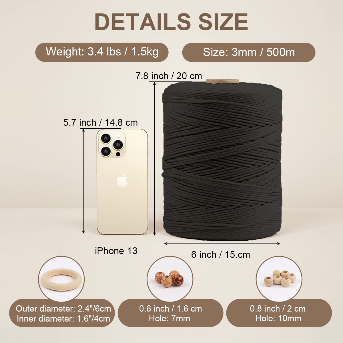 Macrame Cotton Cord 3mm x 547yds, ZUEXT Natural Handmade Black Braided Cords 4 Strands Knitted Rope String for Craft Wall Hanging Weaving Tapestry Dream Catchers Hanger DIY Gift (500m)