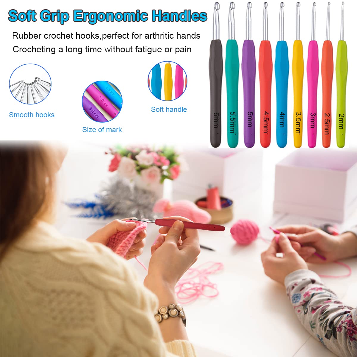 Weabetfu 102pcs Crochet Hooks Set Crochet Hook Kit with Case Ergonomic Crochet Needles for Arthritic Hands and Crochet Accessories Complete Crochet Set for Beginners & Experieced Crochet Lovers