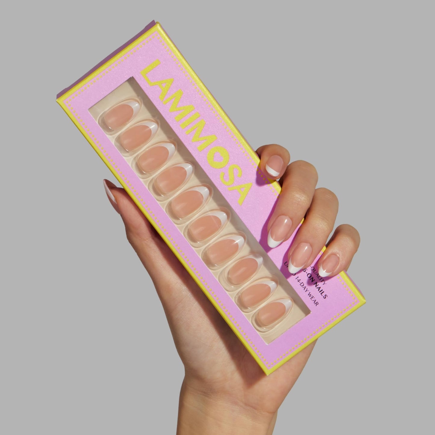 LAMIMOSA 32Pcs French Tip Press on Nails Short Almond - Soft Gel Fake Nails in 16 Sizes, Reusable Semi-Transparent Glue on Nails Kit, BONJOUR!