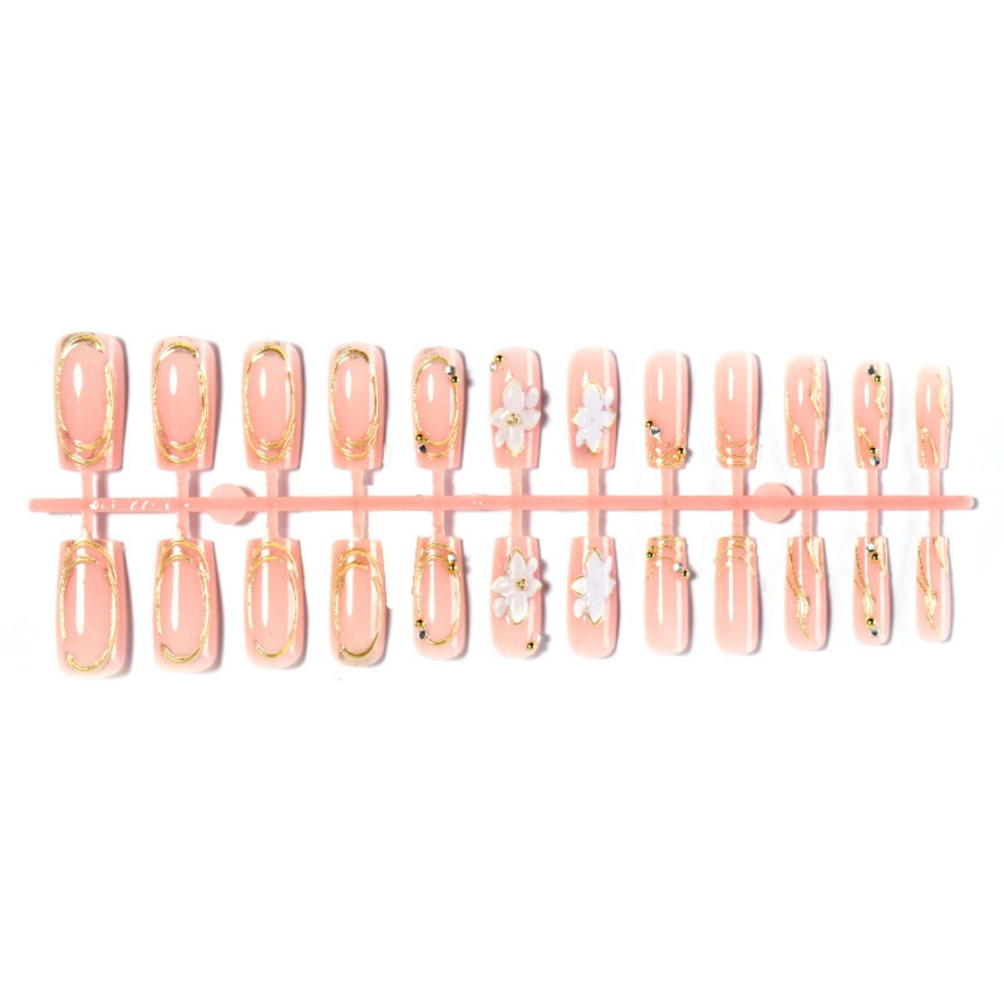 Square Press on Nails Medium Fake Nails Rhinestones Acrylic Nail Press ons SEENEEY Gold Charm and 3D Flowers Designs Stick on Nail for Women 24pcs