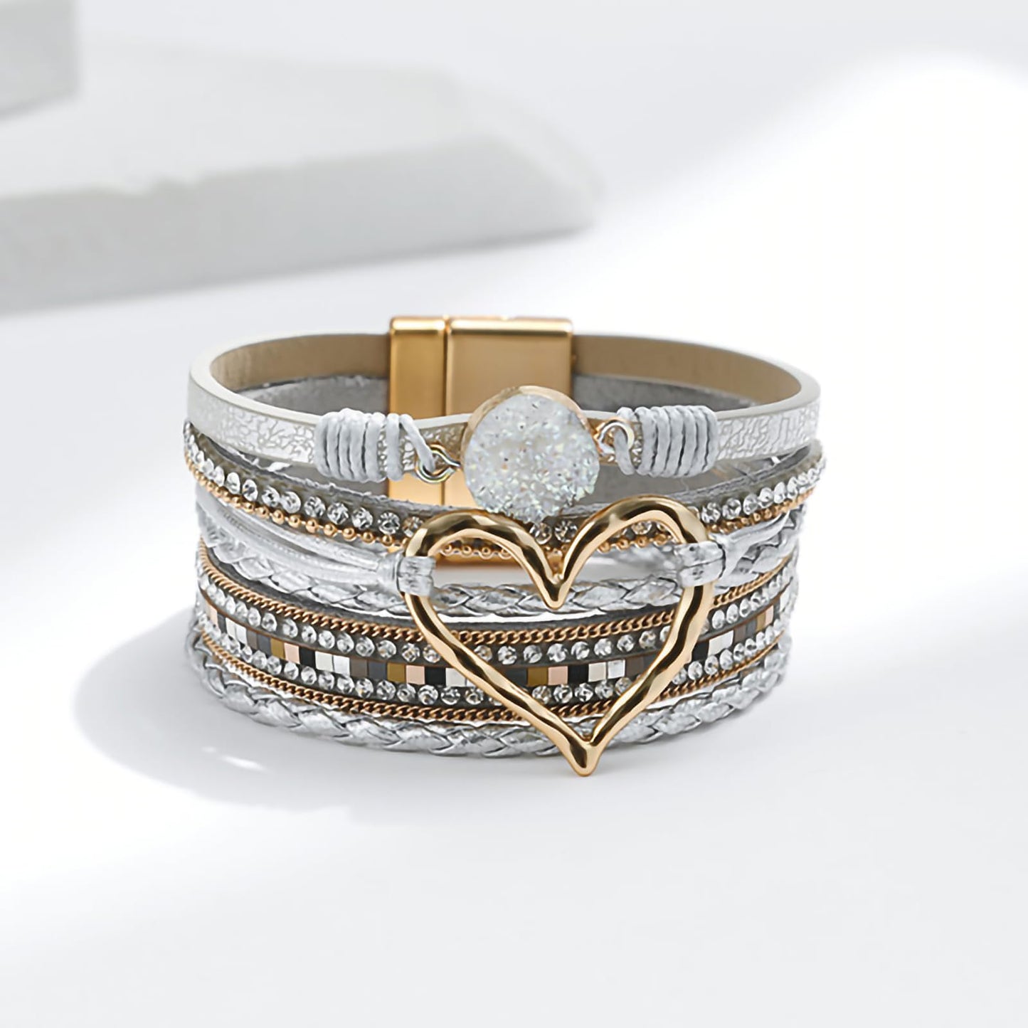 Leopard Bracelet for Women, Boho Leather Wrap Multi-Layer Pearl Crystal Bracelet Bangle Jewelry (Heart Leather2)