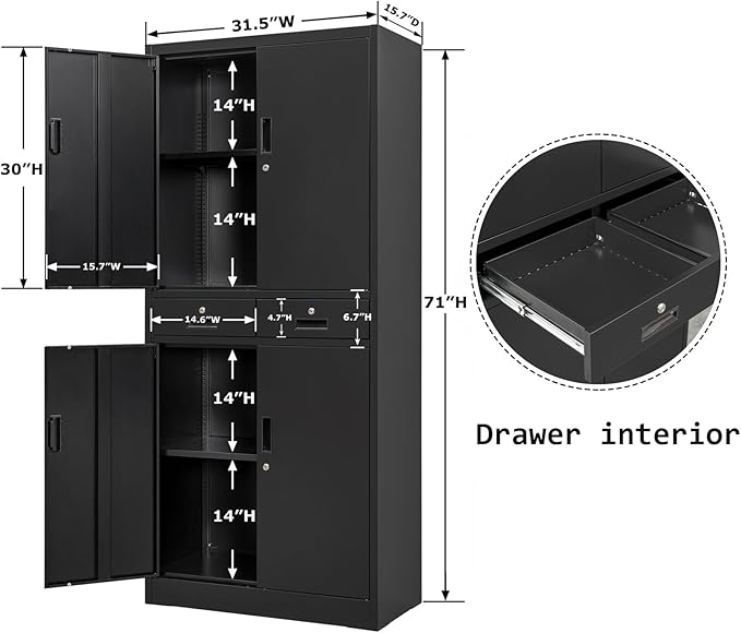 BESFUR Metal Cabinet, Garage Storage Cabinet with Drawers and Adjustable Shelves for Garage, Office, Classroom- Black