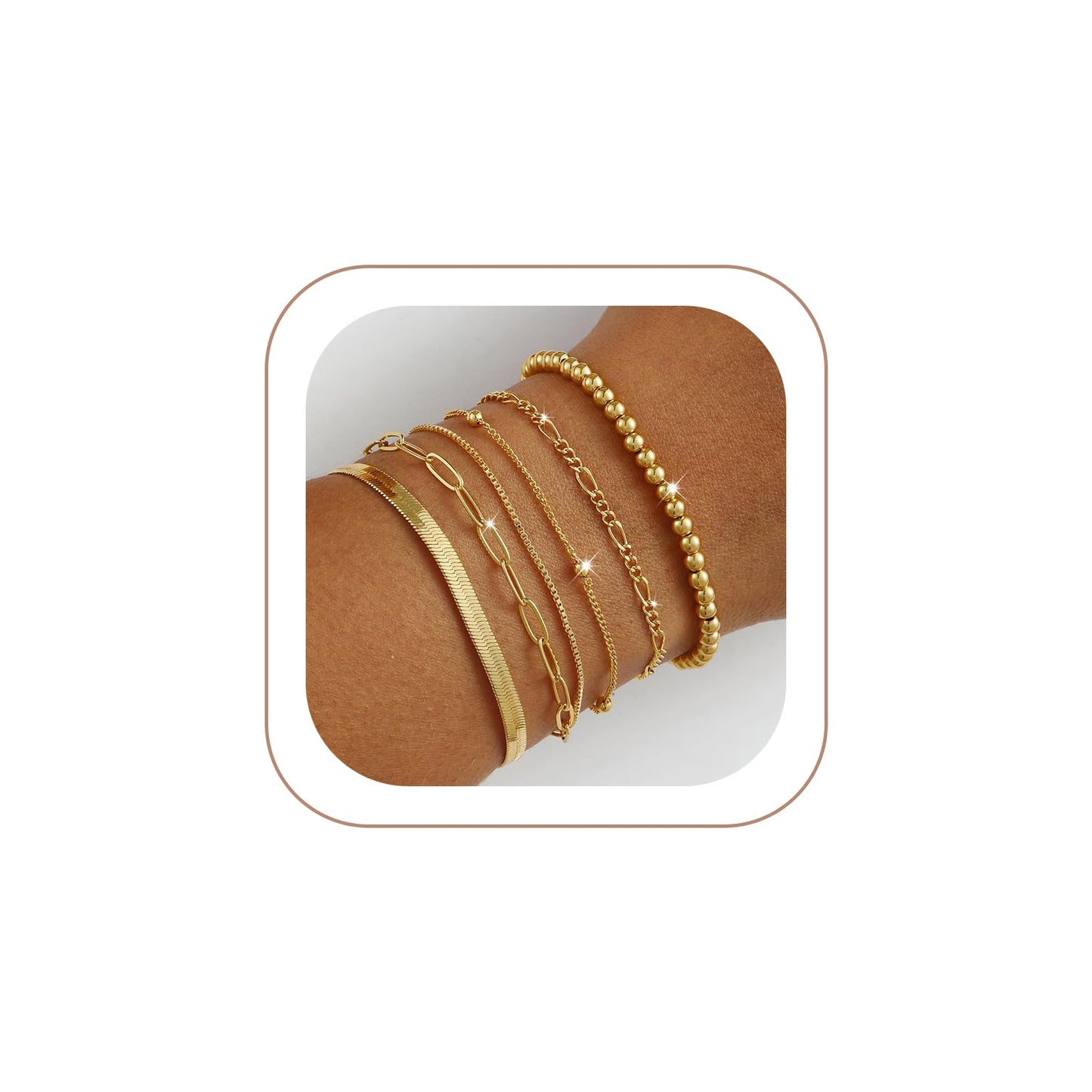 VIROMY Gold Bracelets for Women Waterproof,14K Gold Plated Layered Stackable Bead Bracelet Adjustable Size Jewelry Sets Gifts 6PCS