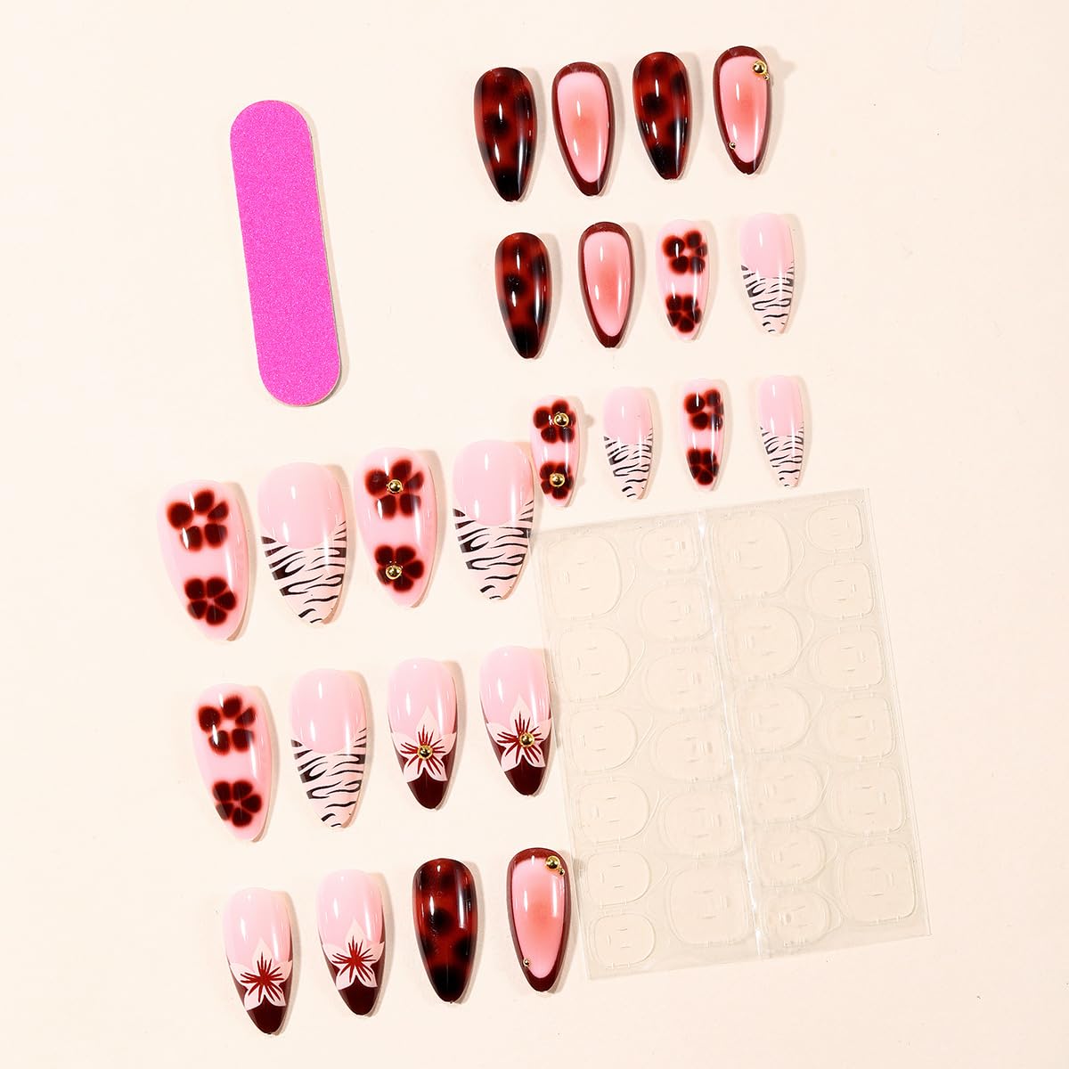 plalely Almond Press on False Nails Brown Press on False Nails with 3D Floral Stick on Nail Tips for Women 24pcs