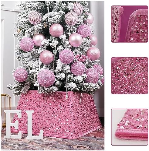 Christmas Tree Collar with Sparkling Sequins 24 Inch Tree Skirt for Holiday Home Decor (Rose Pink, Medium)