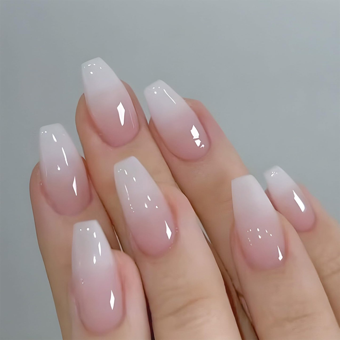 SINHOT Press on Nails - Medium Coffin Shape, Glossy Pink Ombre Gradient, 24 pcs with Design