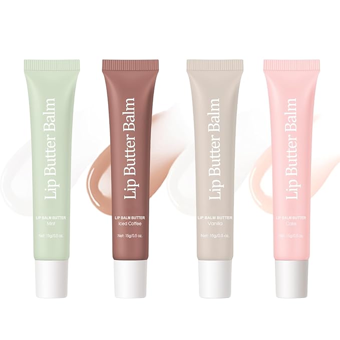Lip Butter Balm 4PCS - Tinted Lip Balm Hydrating - Smooth Lip Moisturizer Gift Set - Nourishing Lip Gloss for Girls Lip Makeup - Lip Oil for Women Lip Treatment - with Vanilla,Mint,Coffee,Cake
