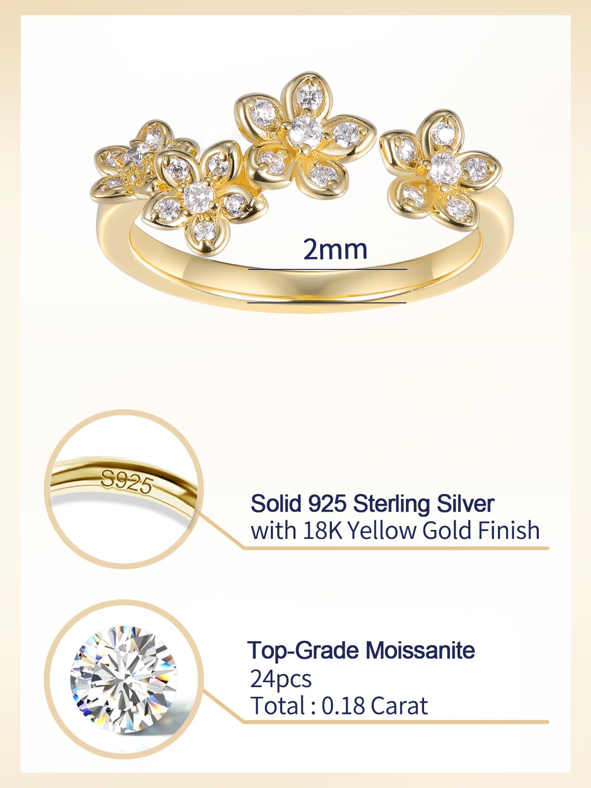 CYW Sterling Silver Moissanite Gold Stacking Ring Adjustable Cherry Flower Floral Blossom Womens Open Rings Size 9