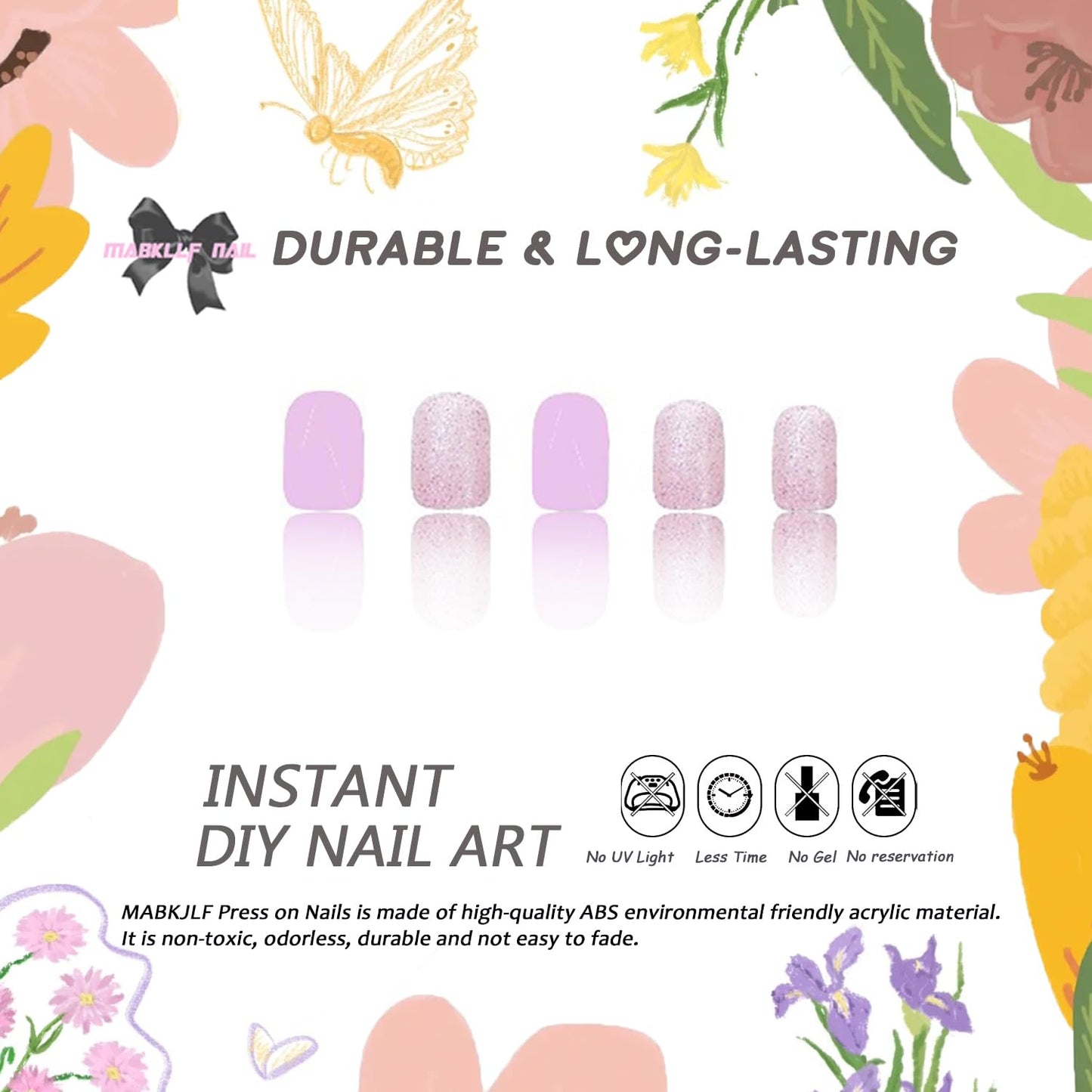 Purple Press on Nails Short Square MABKJLF Fake Nails False Nails with Designs Glitter Solid Colour Full Cover Glossy Glue on Nails Natural Nails Acrylic Nails for Women Girls 24 Pcs
