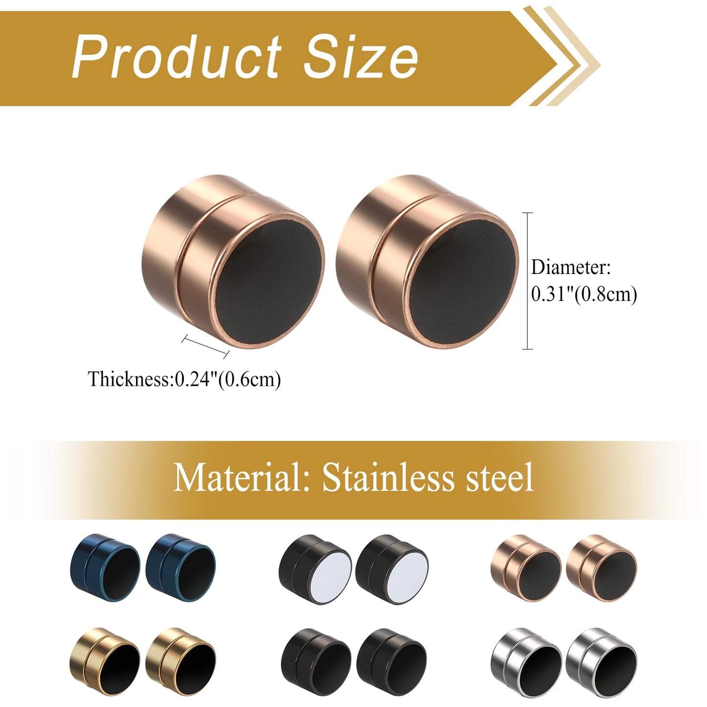 Punk 8mm Magnetic Stud Earrings: 6Paris Stainless Steel Black Blue Non-piercing Clip On Fake Cheater Stud Earrings for Men Women