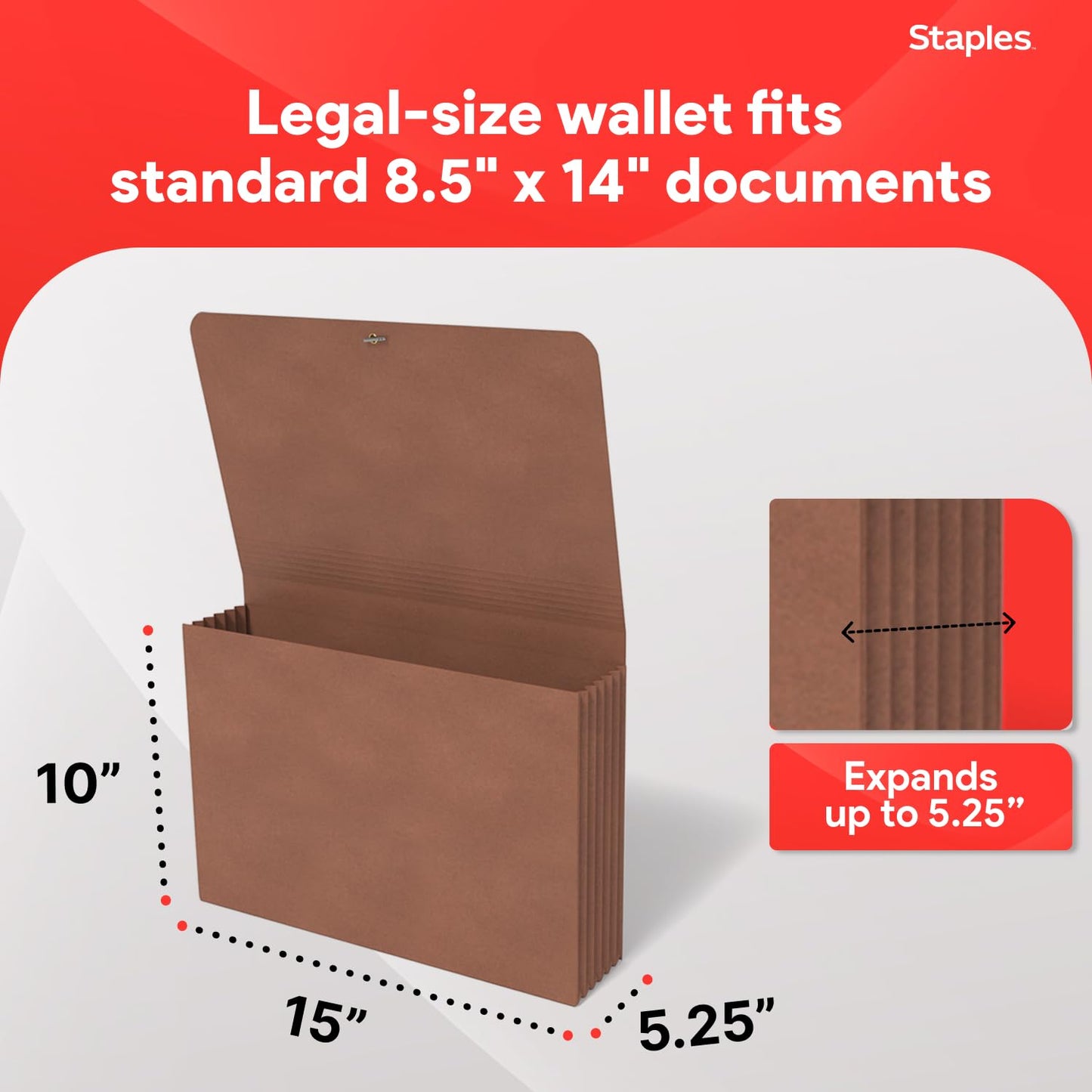 Staples Expanding Wallet, Legal Size, Brown Redrope Accordion File with Elastic Closure, Holds Oversized Documents – 10/Pack