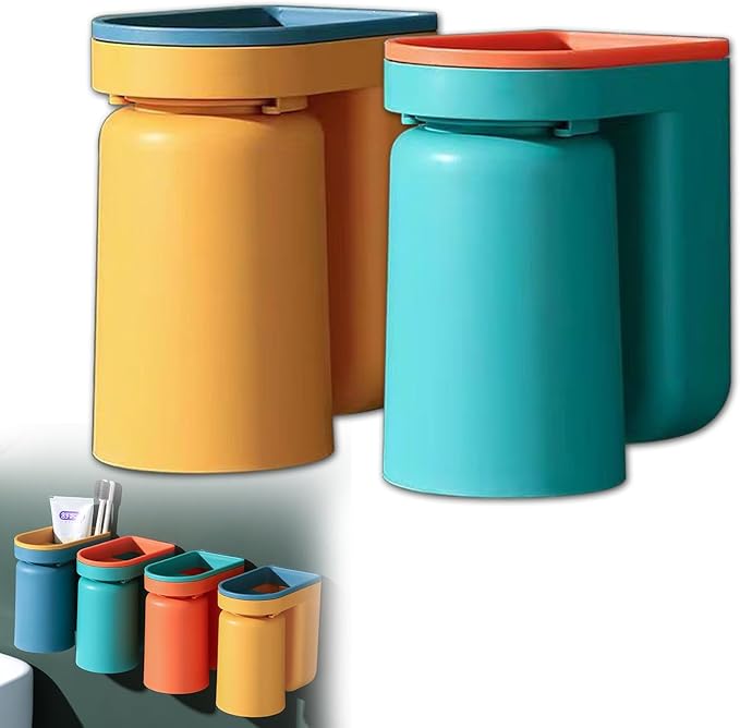 Toothbrush Holder Wall Mounted with Cup,2-in-1 Toothbrush Holders & Cups Set,Inverted Design for Easy Cleaning and draining,Stick-on Toothbrush Holder for Bathroom (Green+Yellow)