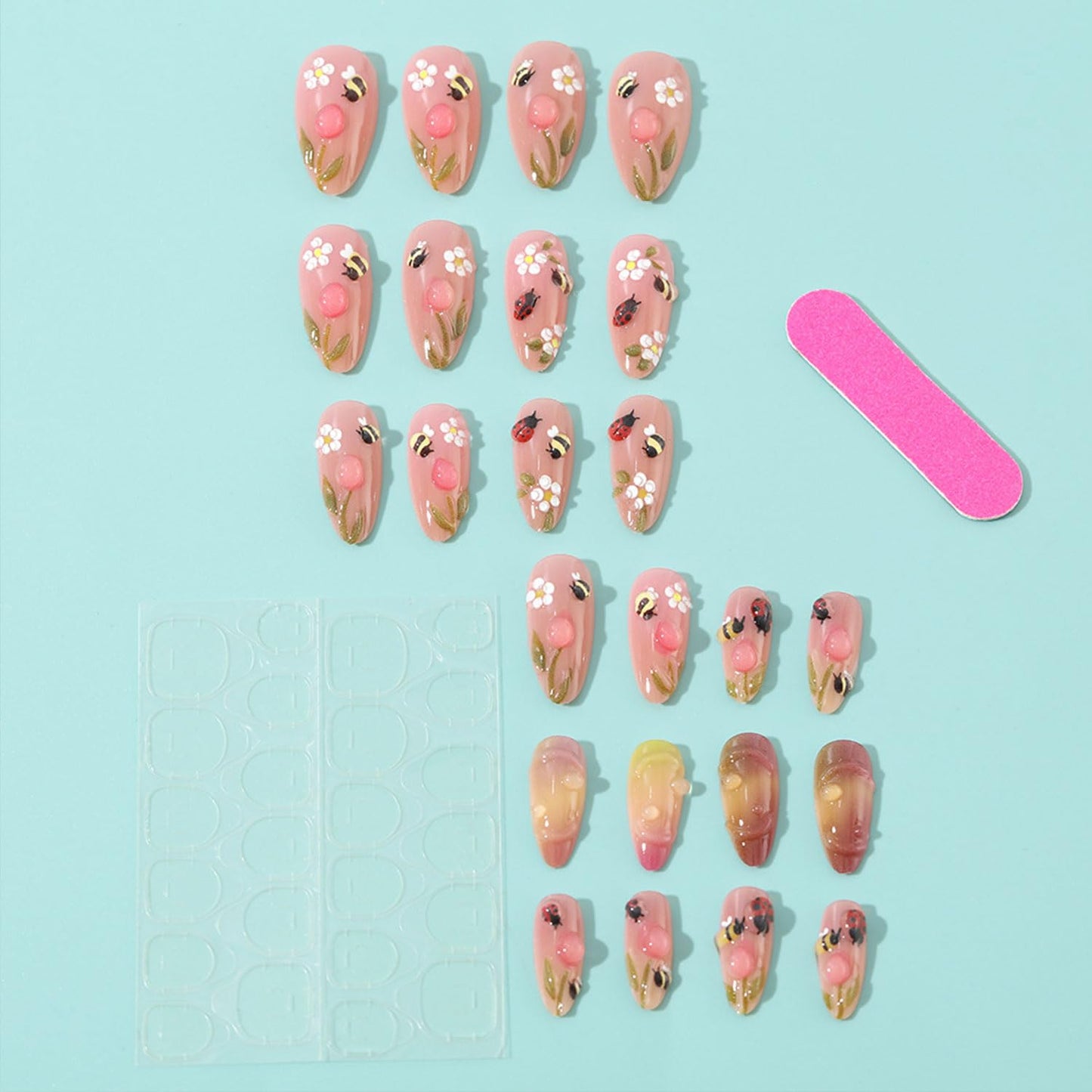24 Pcs Flower Press on Nails Medium Almond Pink Fake Nails with 3D Ladybug Water Droplet False Nails Cute Bee Nail Press ons Glossy Glue on Nails Cute Stick on Nails for Women