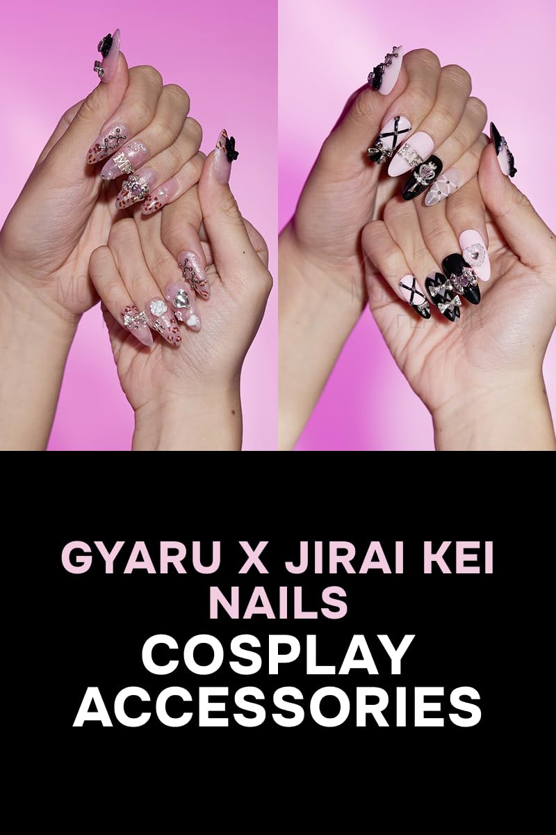 Gyaru Glam Leopard Print Press-On Nails – Kawaii Cosplay Nails with Glitter, Bows & Charms - Costume Accessory (Jirai Kei, M)