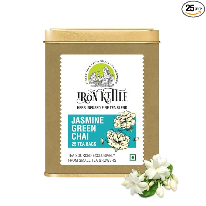 IRON KETTLE Jasmine Green Tea | High Grown Green Tea Bags with Natural Jasmine Extract | 25 Teabags
