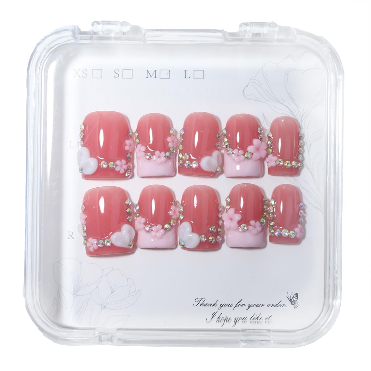 10Pcs Short Square Handmade Press On Nails | Easy Apply & Remove, Reusable Salon Quality Nails | Sweet Blush Pink Fake Nails with 3D Heart, Floral & Rhinestone Accents (O904, S)