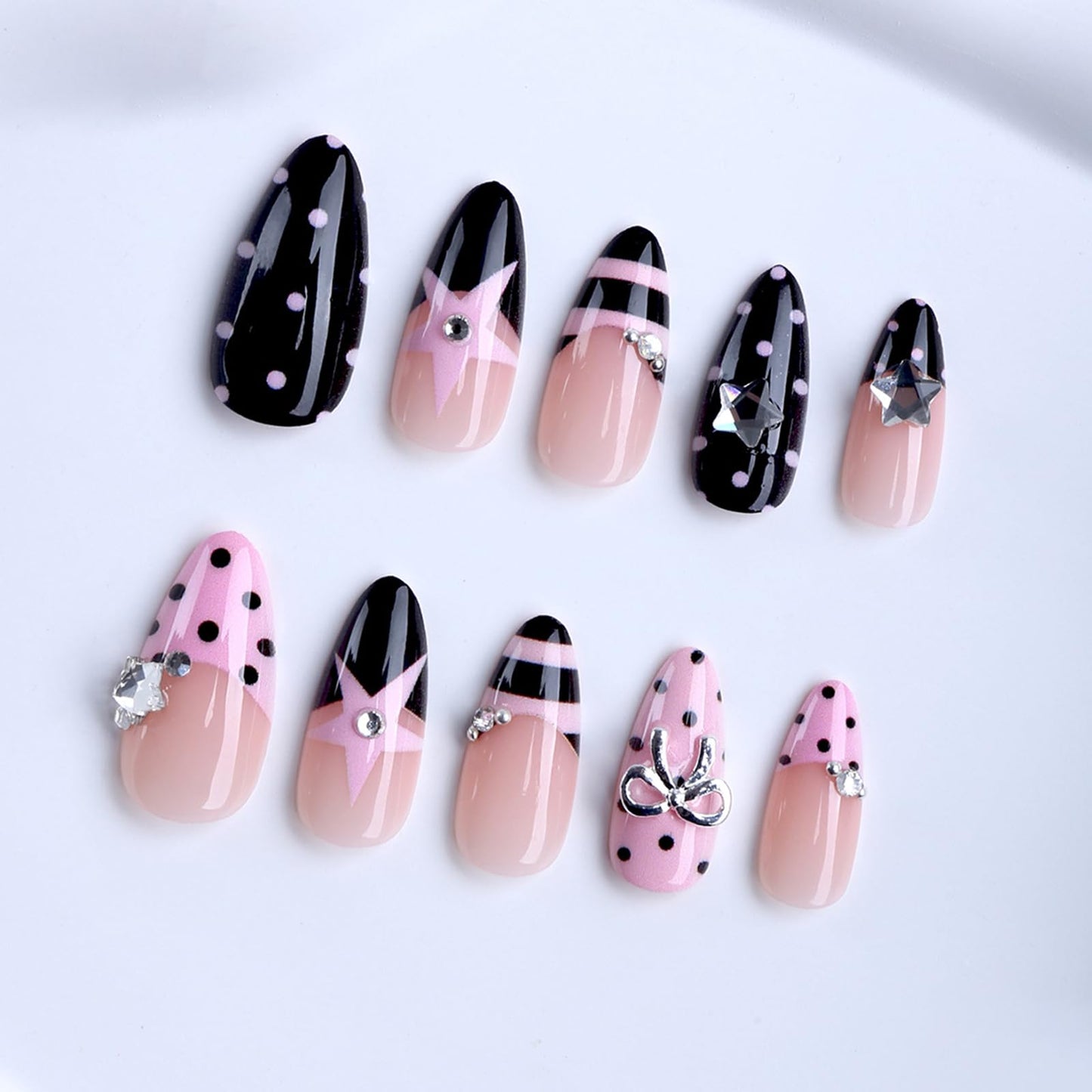 Polka Dot Press on Nails Almond Medium Fake Nails with Designs Bow Stars Stick on Nail Cute French Acrylic False Nail Rhinestone Artificial Nail Glossy Full Cover Glue on Nails for Women
