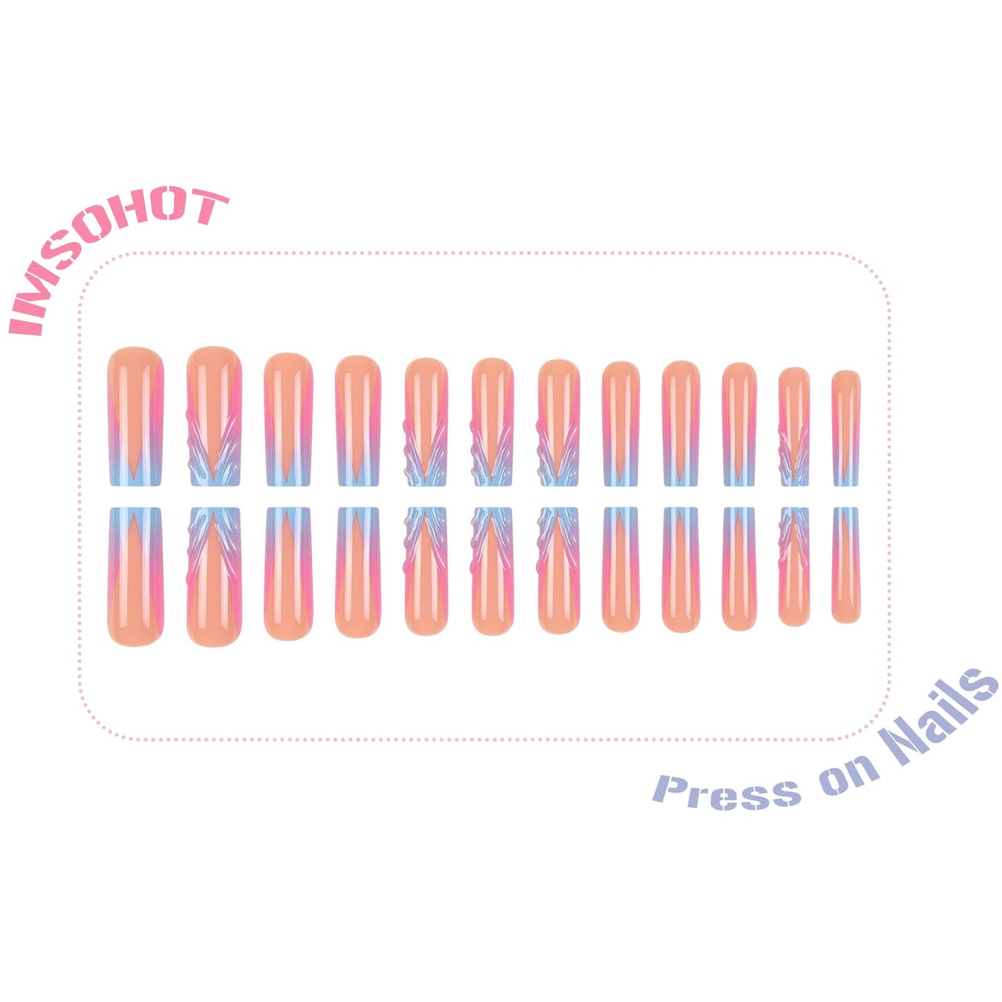 IMSOHOT Press on Nails Long Square Fake Nails Blue Pink French Tips False Nails with 3D Designs Designs Full Cover Acrylic Artificial Glossy Stick on Nails