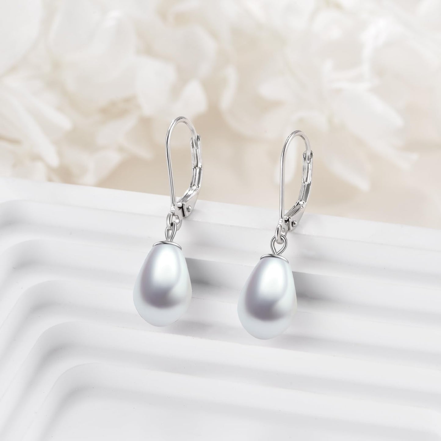 925 Sterling Silver Pearl Leverback Earrings Dangle Drop Jewelry Gifts for Women (Teardrop White Pearl)