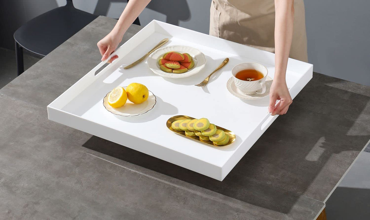 BEYLANG Glossy White Sturdy Acrylic Serving Tray with Handles-24x24Inch-Serving Coffee,Appetizer,Breakfast,Butler-Kitchen Countertop Tray-Makeup Drawer Organizer-Vanity Table,Ottoman Tray-Decorative