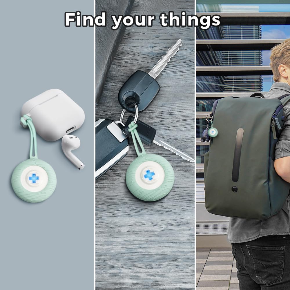 Swissdigital Design Bluetooth Locator Keychain | 4 Pack| - Works with Apple Find My - Sound and Light Notification for Luggage, Keys and Personal Items - Glacier Green (SD9507FP4)
