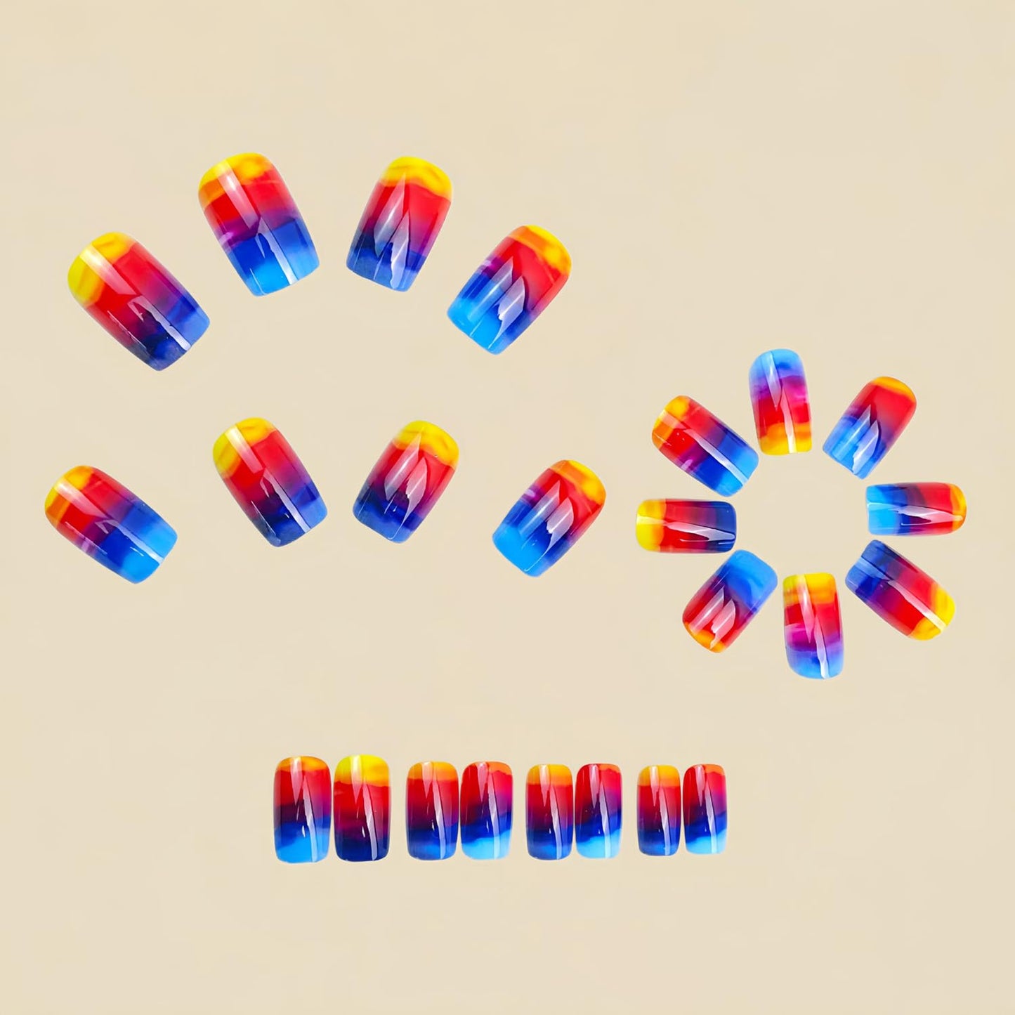Short Press On Nails Square Fake Nails with Sunset Blending Designs - Full Cover Blue Gradient Glue On Nails - Glossy Acrylic Press Ons Fake Nails Spring Summer Stick on Nails for Women - 24 Pcs
