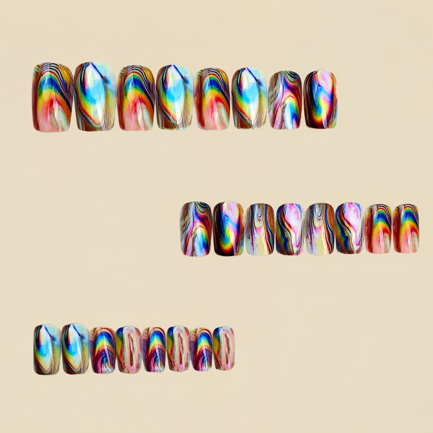 Chrome Press on Nails Medium Square Fake Nails Color Aurora False Nails Press ons with Color Gradient Blending Design Glossy Acrylic Nail Full Cover Reusable Stick on Nails for Women Manicure 24Pcs