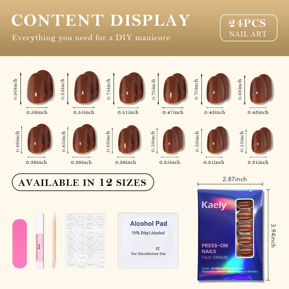 evpct Cool Brown Medium Oval Glossy Press on Nails for Women Gift, Glossy Nude Brown Fake Nail with Kits Manicure Kit, Soft Gel Full Cover Reusable Stick on Soft Acrylic False Nails Perfectly Fit