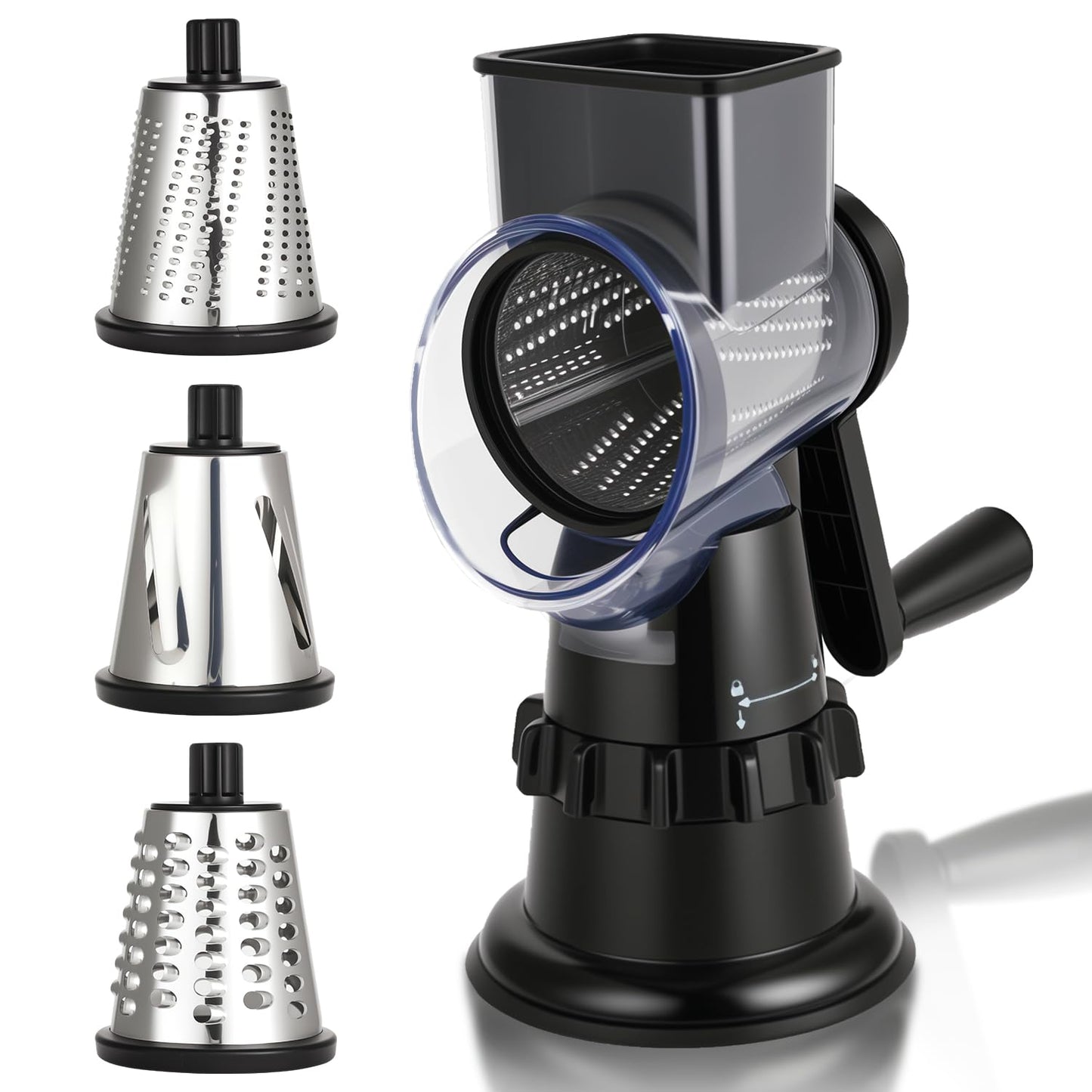 Rotary Cheese Grater Hand Crank, Vegetable Slicer with 3 Blades, Stable Suction, Labor-Saving Handle, Cheese Shredder for Potato Vegetables Nuts Chocolate, Black