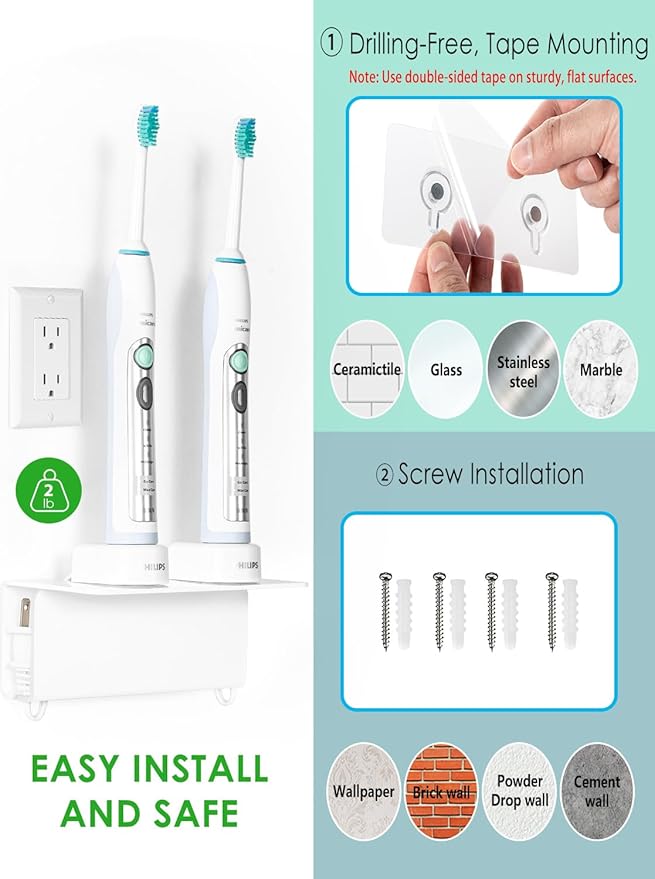 Acrylic Electric Toothbrush Holder for Bathroom, Wall Mounted Electric Toothbrush Holder with Hidden Cable Management, Space-Saving and Convenient for Charging -White-2P