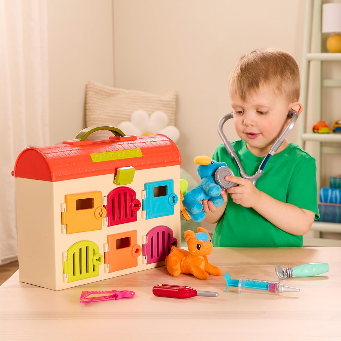 B. toys – Critter Clinic Vet Set – Pretend Play Animal Hospital Toy for Toddlers & Kids – 14 Pieces Pet Care Set with Tools & Plush Toys – 2+ Years