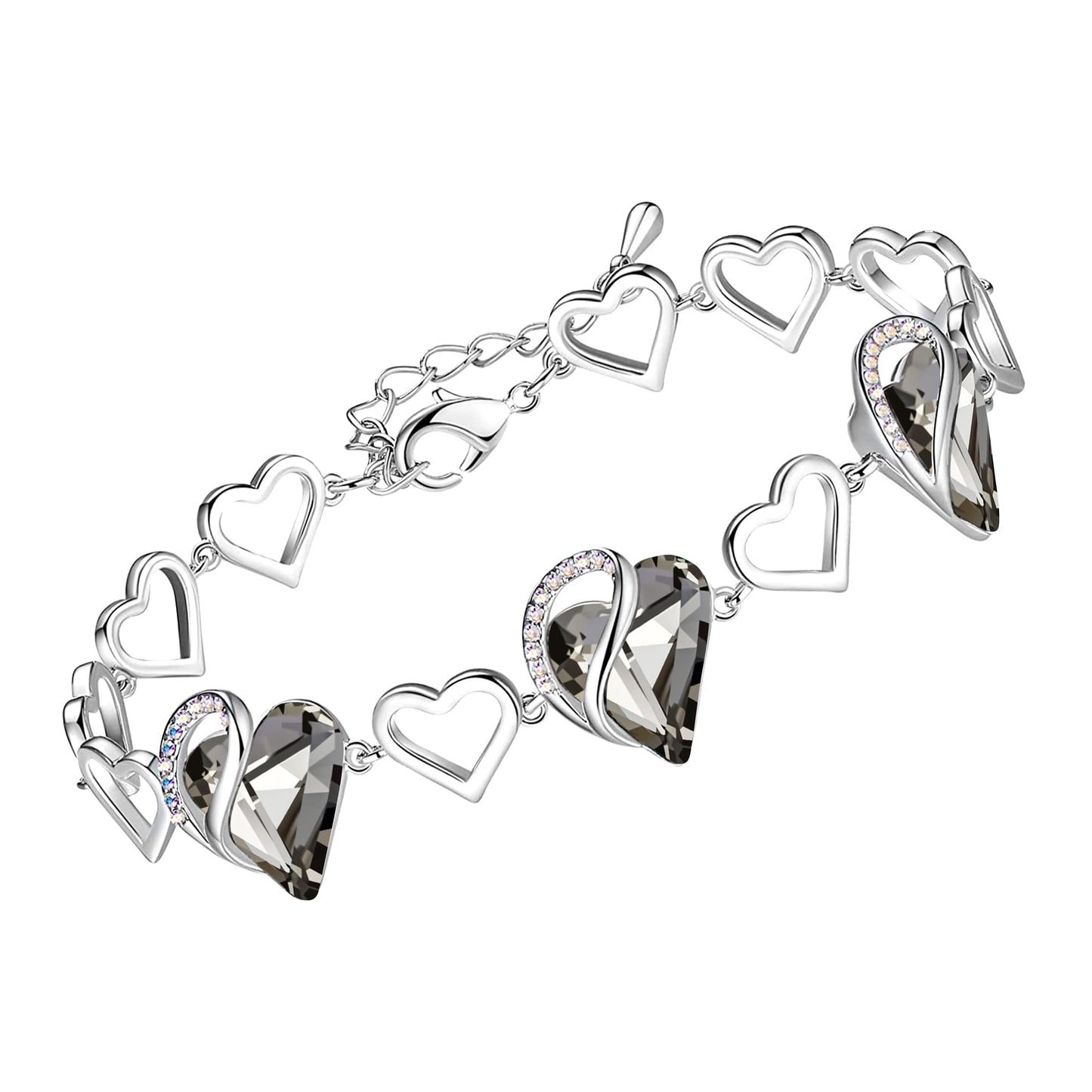 Leafael Infinity Love Heart Gift Bracelet for Women, Healing Stone for Protection, Crystal Black, Silver Tone, 7-inch Chain and 2-inch Extender