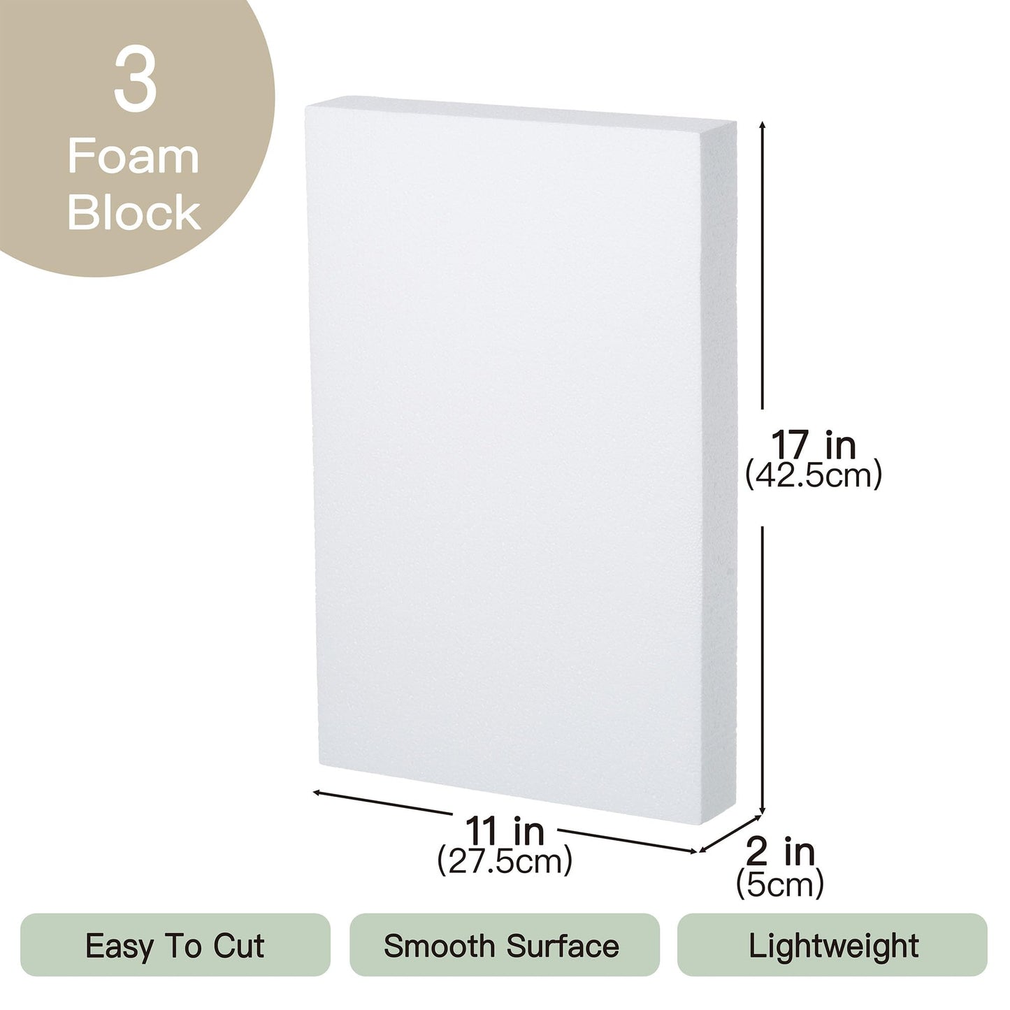 Crafare 17X11X2 Inch Craft Foam Blocks 3 Pack Polystyrene Foam Sheet DIY Crafting Rectangle for Arts School Projects Sculptures Floral Arrangements Modeling and Centerpieces