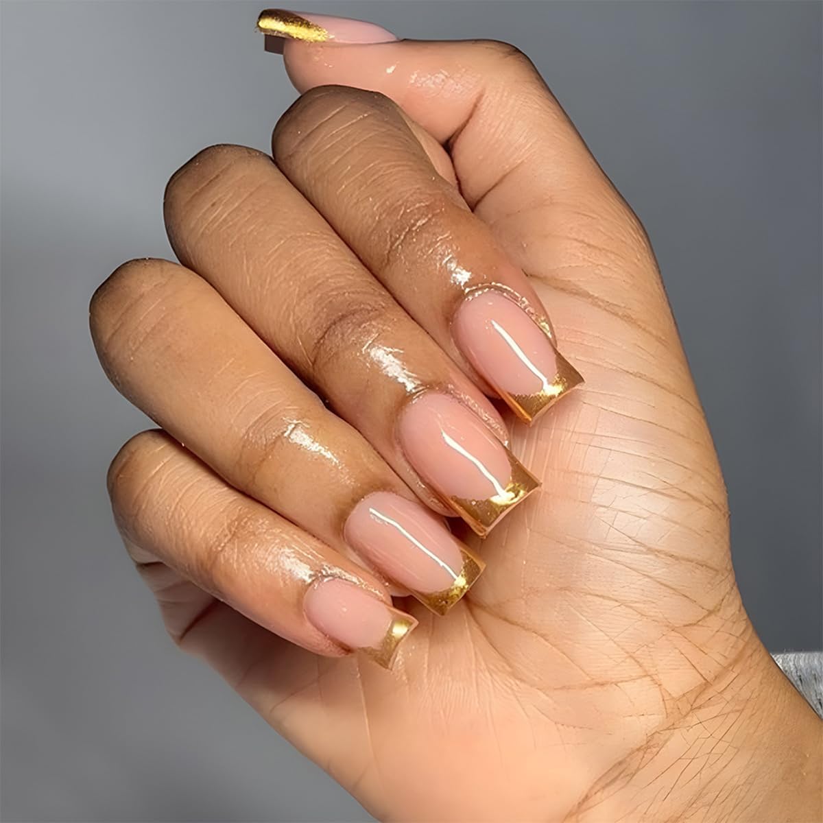 Gold French Tip Press-on Nails - Medium Square Nude Pink Glitter Design, Full Cover Artificial Luxury False Nails, 24pcs DIY Decoration Set