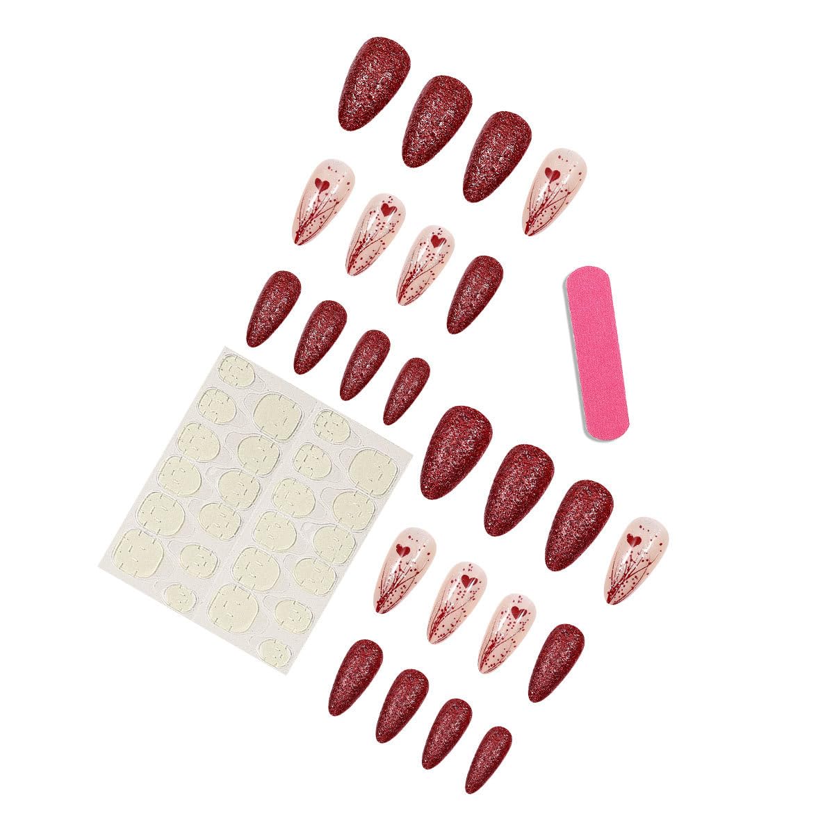Valentine’s Day Press on Nails Red Medium Almond Fake Nails with Gradient Designs Heart Stripe False Nails Valentine Glue on Nail Artificial Full Cover Stick on Nail for Women 24Pcs Manicure Kit