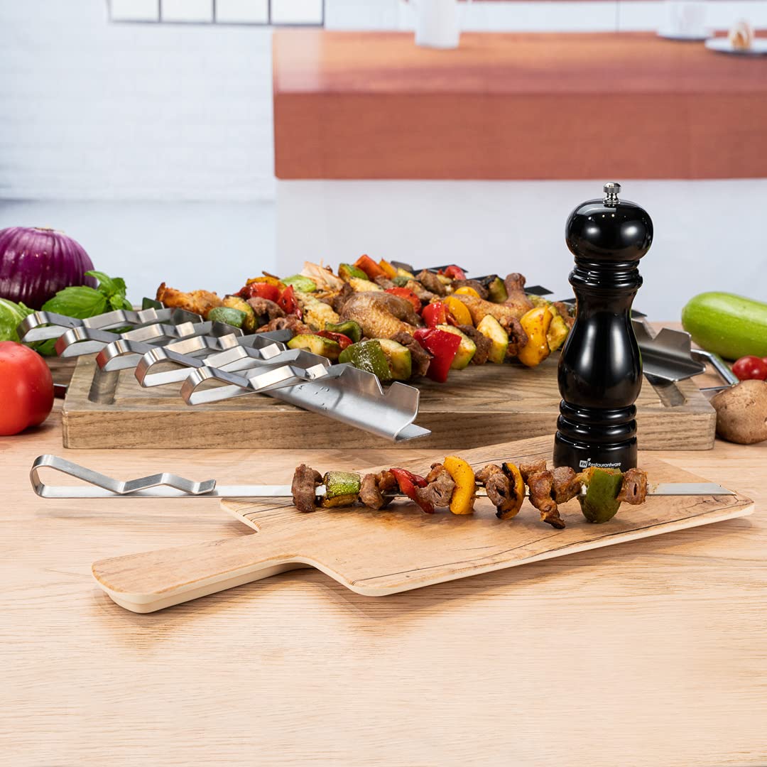 Restaurantware Met Lux 16.9 Inch Barbecue Skewers With Racks 8 Piece Heavy-Duty Shish Kabob Skewer Set - Brings 6 Skewers Includes 2 Grill Racks Stainless Steel Grilling Skewer Set Reusable