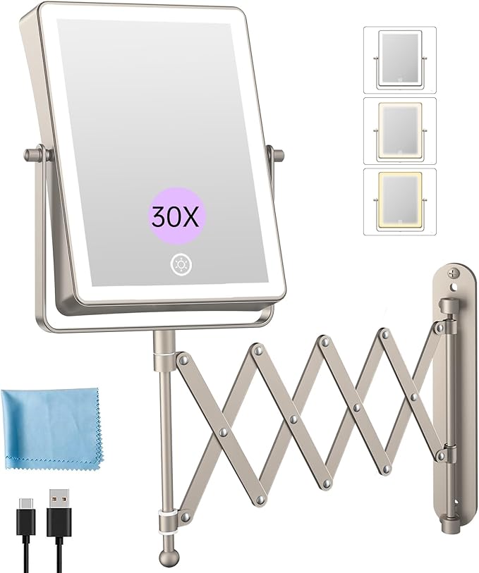 FASCINATE Rechargeable Wall Mounted Makeup Mirror with Lights, 8.7 Inch Double Sided Touch Switch 1X 30X Magnifying Bathroom Mirror, 3 Color Lights Touch Dimmable Extended Arm 360°Rotation (Nickel)