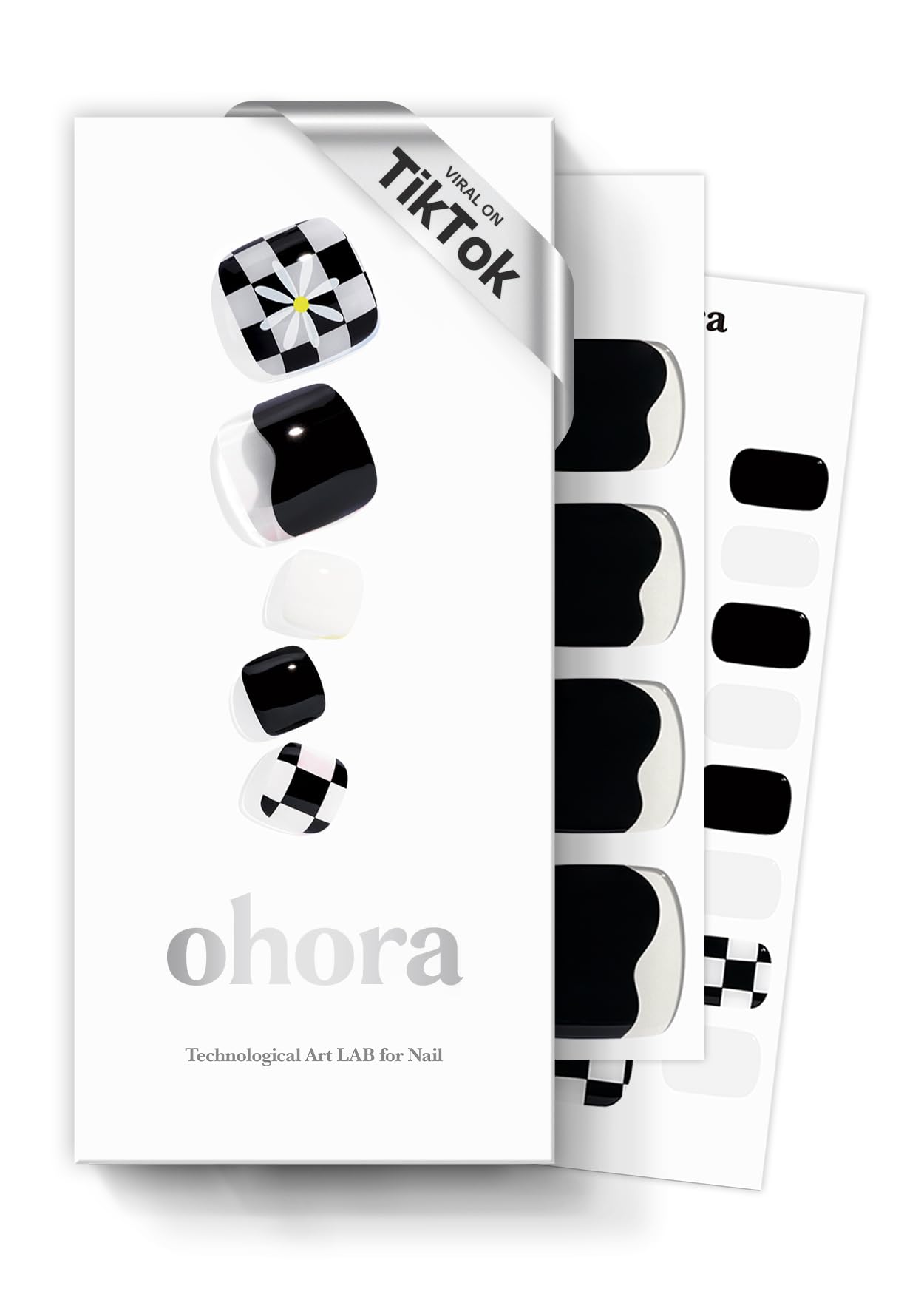 ohora Semi Cured Gel Pedi Strips (P Checkmate) - Black/White Works with Any UV/LED Lamps, Salon-Quality, Long Lasting, Easy to Apply & Remove - Includes 2 Prep Pads, Nail File & Wooden Stick